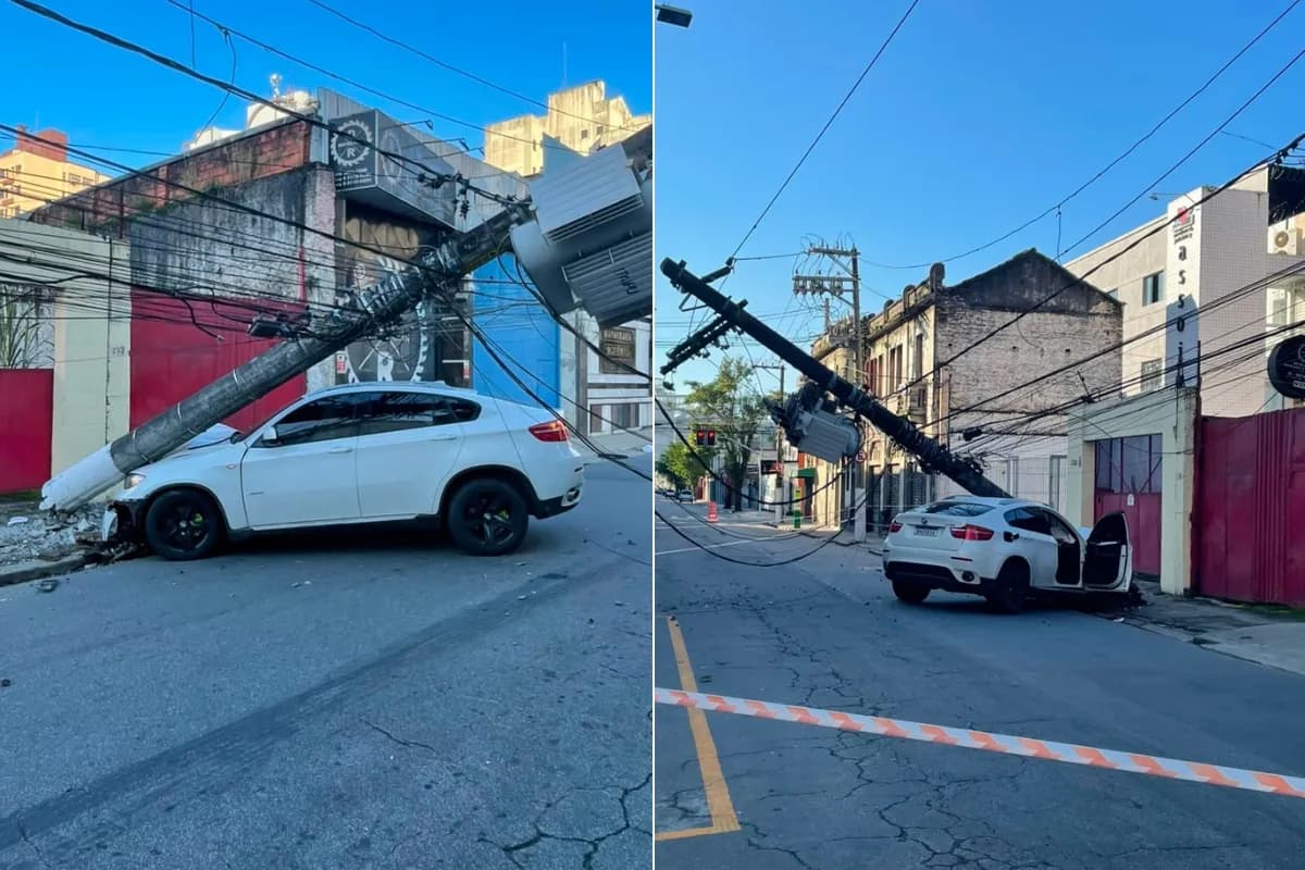 BMW derruba poste e causa apagão no Centro de Santos