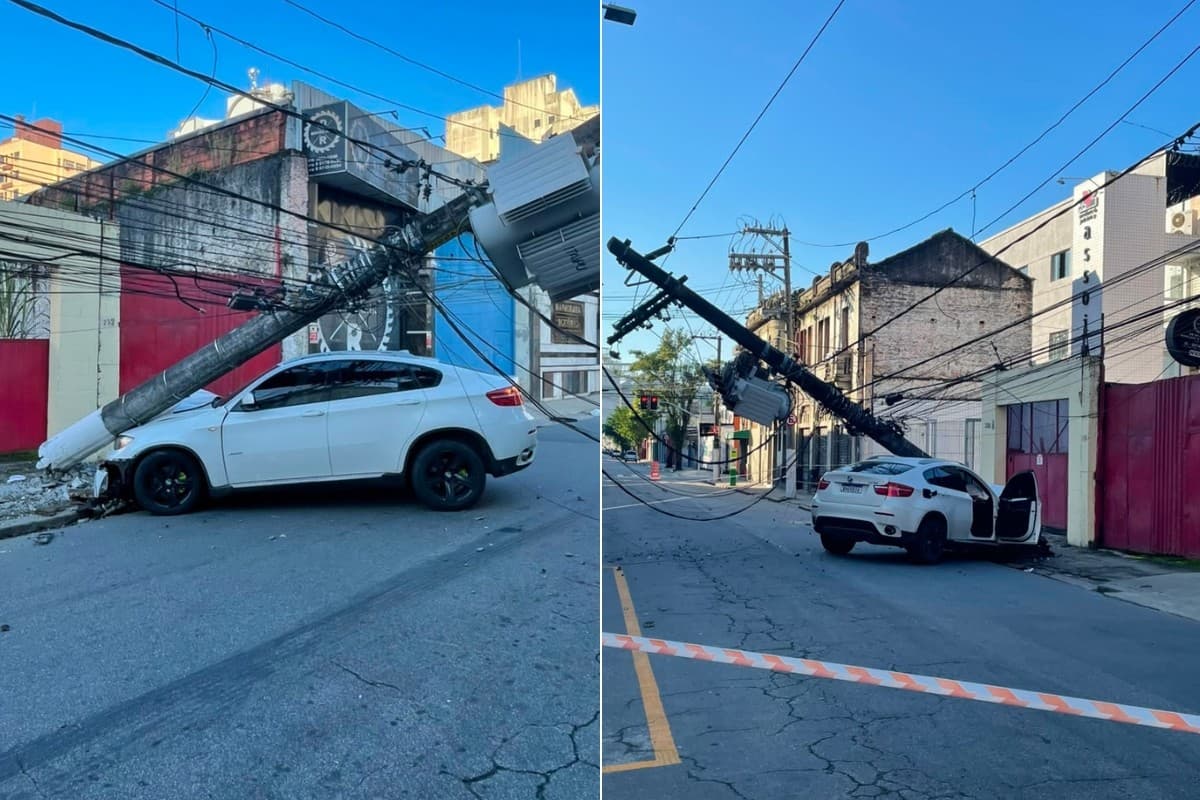 BMW derruba poste e causa apagão no Centro de Santos