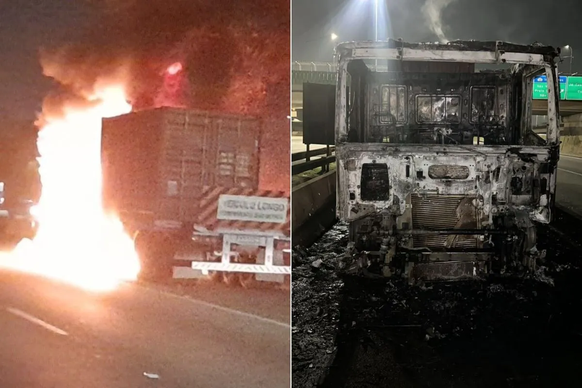 Carreta com café pega fogo na Anchieta