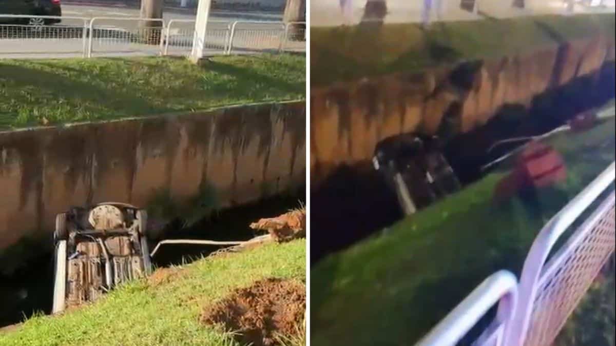 Carro cai em córrego durante acidente